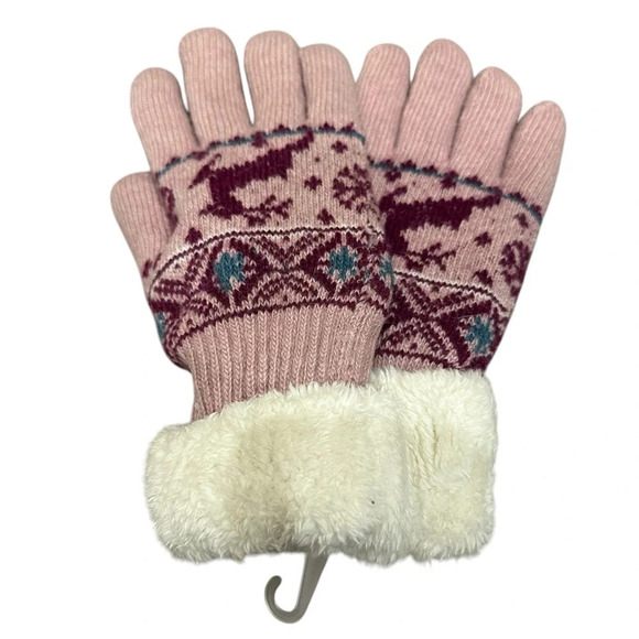 Knit Reindeer Fair Isle Winter Gloves Faux Fur Cuff Pink Burgundy Size Small - Picture 1 of 4